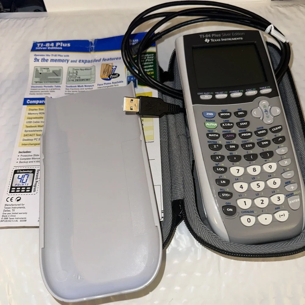 Texas Instruments TI-84 Plus Silver Edition Graphing Calculator Cover Cable Case